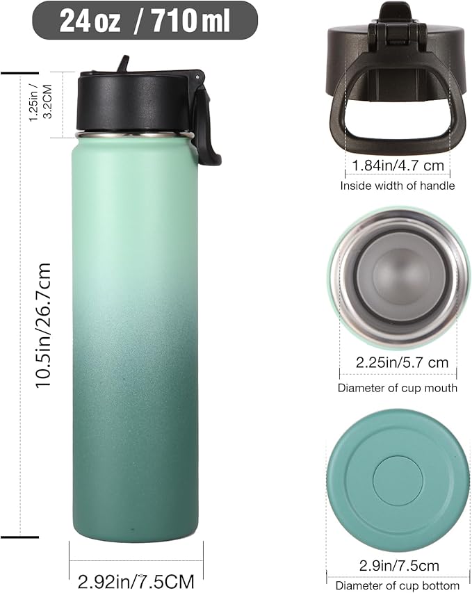 Volhoply 24oz Insulated Water Bottle With Straw Bulk 3 Pack,Metal Wide Mouth Water Bottles With Handle Lid Keep Cold,Reusable Double Wall Cups,Powder Coated Sport Bottle For Holder(Mojito,3 Count)