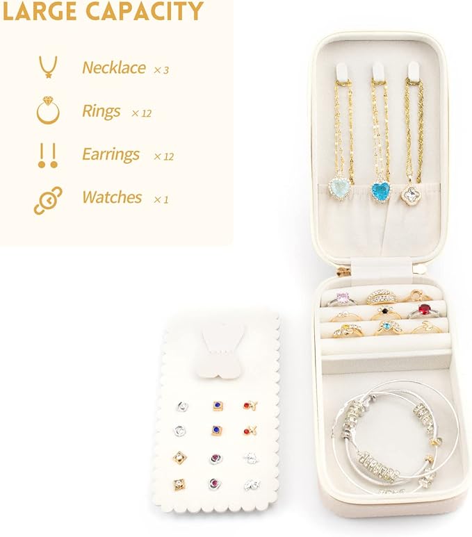 Small Travel Jewelry Organizers Box for women with PU Leather Portable Mini Jewelry Case with compartments for Necklace Rings Earrings,Luxury Giftable boxes. (Pearl White, M)