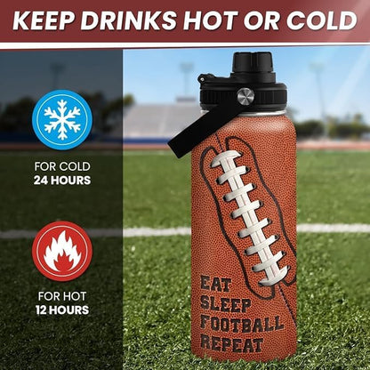 Football Water Bottle 32oz Insulated Stainless Steel Sports Bottle - Gift for Football Fans