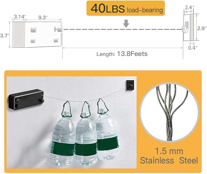 BESy Retractable Clothesline ABS case+Aluminum Dryer with Adjustable Stainless Steel Double Rope String Hotel Style Heavy Duty,Wall Mounted Method, 13.8 Feets,Black