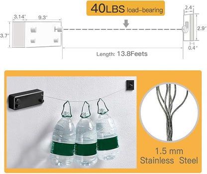 BESy Retractable Clothesline ABS case+Aluminum Dryer with Adjustable Stainless Steel Double Rope String Hotel Style Heavy Duty,Wall Mounted Method, 13.8 Feets,Black