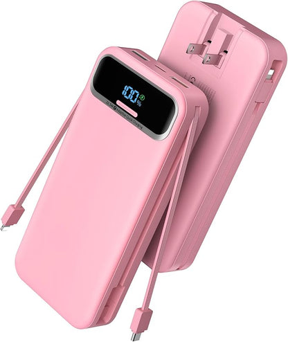 Portable Charger Power Bank with Built in Cables and AC Wall Plug,PD20W&SCP22.5W USB-C Super Fast Charging,20000mAh Travel Phone Charging,LED Display Battery Pack Compatible All iPhone Samsung etc