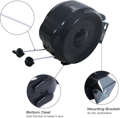 JS HANGER Retractable Clothesline Outdoor Indoor Laundry Line - 99 FT Double Lines Heavy Duty Wall Mounted Washing Line, Portable Clothes Drying Line with 24pcs Free Pegs (Black)