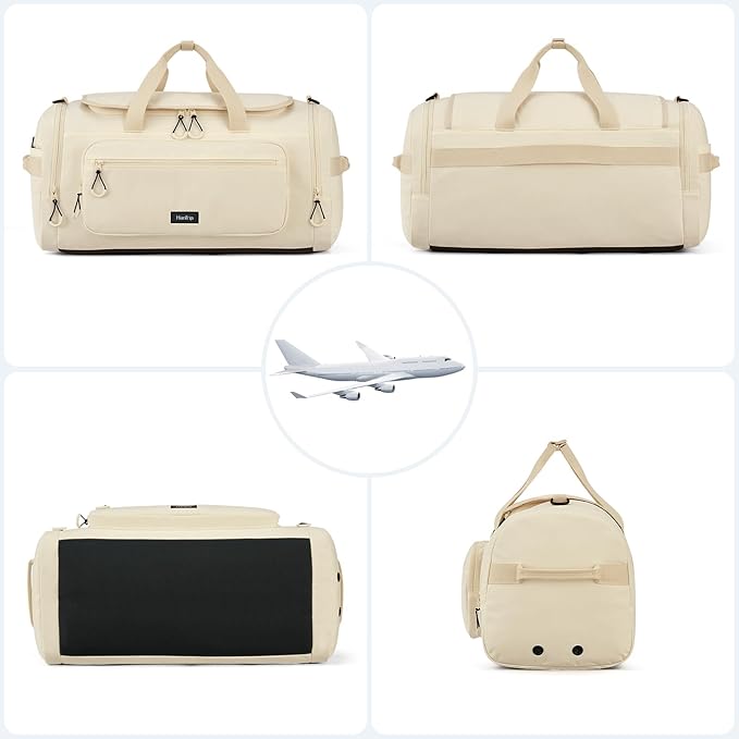 Large Travel Duffle Gym Bag with Shoe Compartment, Underseat Carry On Luggage Overnight Weekender Personal Item Workout Bags for Women Men (Offwhite)