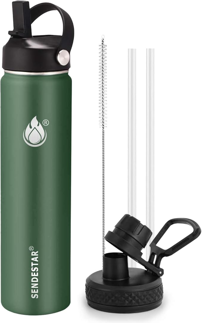 Insulated Water Bottle 24 oz with Straw, Stainless Steel Wide Mouth Water Bottle, Double Wall Vacuum Leak Proof with Straw Lid & Spout Lid for Sports or Office, Keep Cold or Hot Up to 24 Hrs