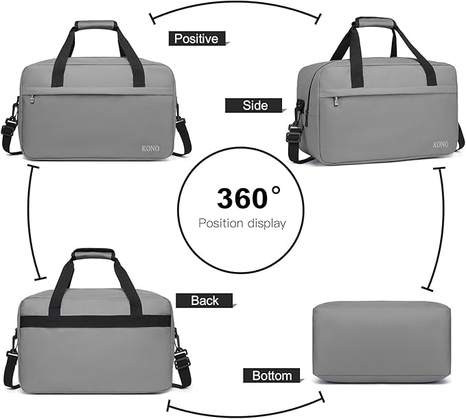 Kono Travel Duffel 20L Under Seat Carry-On Sports Tote Gym Weekender Overnight Bag - 15.75"x9.84"x7.87" Gray