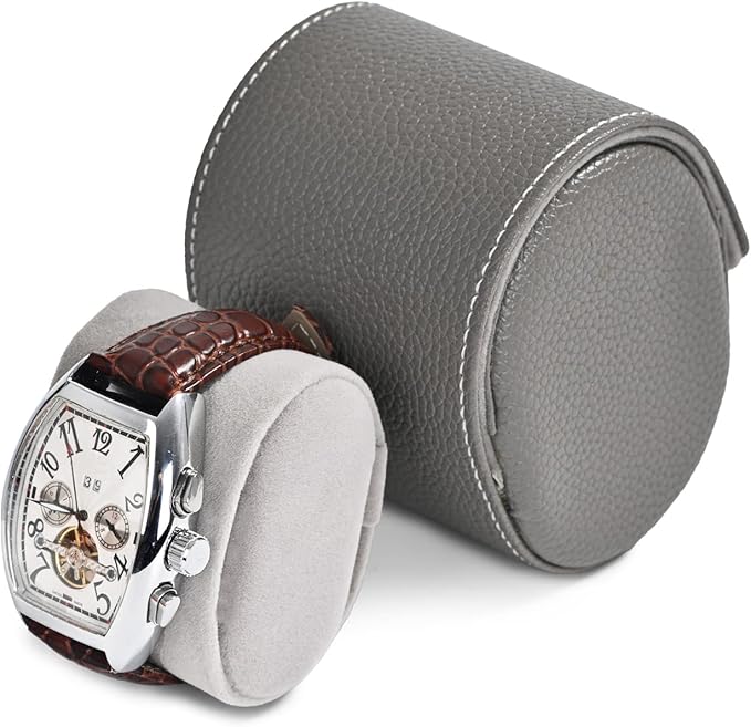Oirlv Luxury Leather Travel Watch Case - Single Watch Box for Women - Portable Jewelry Storage Roll Organizer (Grey)