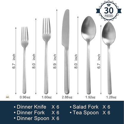 KINGSTONE 30 Pieces Silverware Set, Flatware Cutlery Set for 6, 18/10 Stainless Steel Silverware Utensils Minimalist Design Dishwasher Safe, Matte Silver