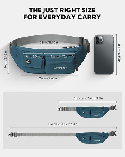 WATERFLY Small Crossbody Fanny Pack: 5 Pocket Slim Lightweight Waist Belt Hip Bag for Women Men Water Resistant Chest Pouch for Travel Hiking Running Walking Fit All Phones - Peacock Blue