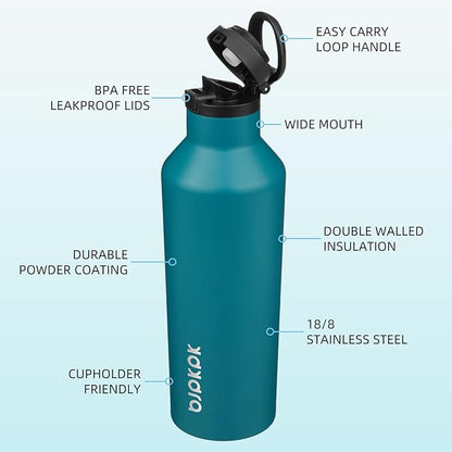 BJPKPK Insulated Water Bottle With Straw 25oz Stainless Steel Water Bottles With 2 Lids And Carry Handle Reusable Travel Metal Thermal Flask,Lake Blue