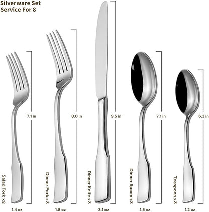 Alata Kate 45-Piece Silverware With Utensil-Serving Set, Service for 8, Stainless Steel Flatware, Mirror Polished Cutlery, Dishwasher Safe