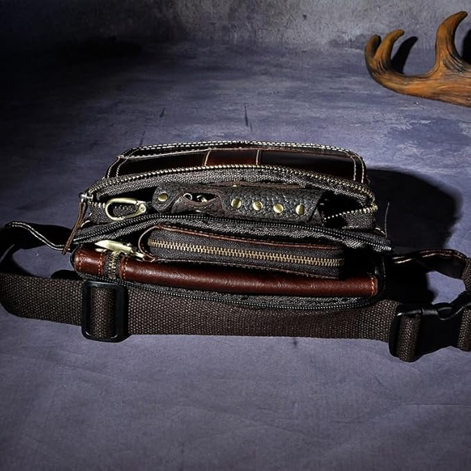 Rugged Pull-Up Leather Waist Bag for Men Full Grain Vintage Outdoor Compact Hip Pouch with Gift Box (Coffee)