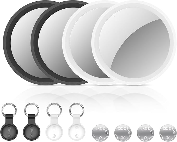 New Air Tracker Tags 4 Pack with Holder, Bluetooth Item Finder Work with Apple Find My APP (iOS Only), Easy Battery Replacement, Smart Keys Finder and Item Locator for Keys,Wallet,Pet (2Black+2White)