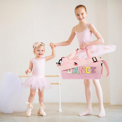 Dance Ballet Bag for Girls Sport Gym Duffle Bags Overnight Travel Bags Fun Dance Corduroy Chenille Letter Bag for Dancers (Pink)