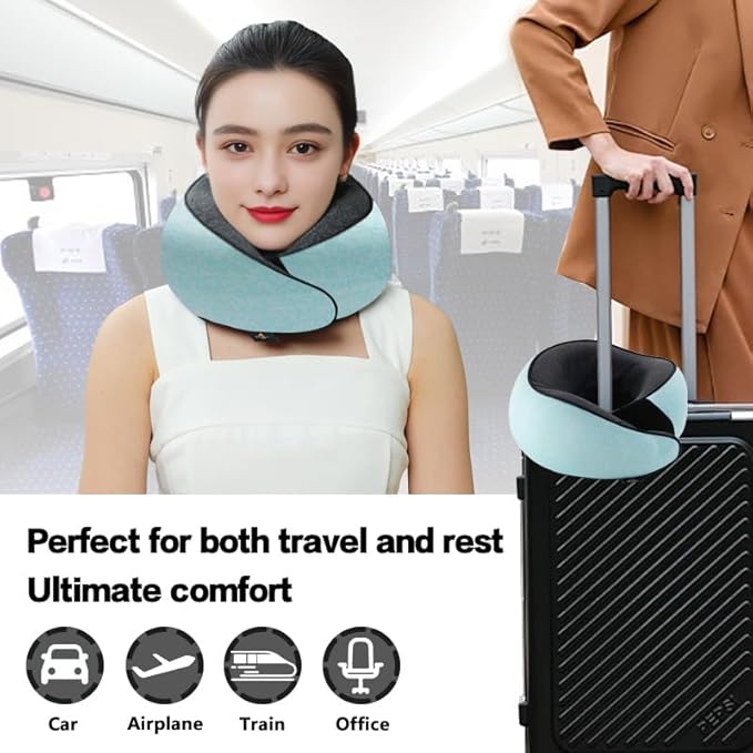 Travel Neck Pillow | Memory Foam Neck Pillow, New Portable U-Shaped Pillow with Neck Support, Washable Cover, Compact for Plane, Office, Bus, Train, Sofa, Nap–Includes Storage Bag - Cyan