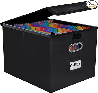 File Organizer Box with Folder, 25 Pockets Accordion File Organizer with Colored Labels, Upgraded & Portable File Folders for Home, Office, School, Black-Leather