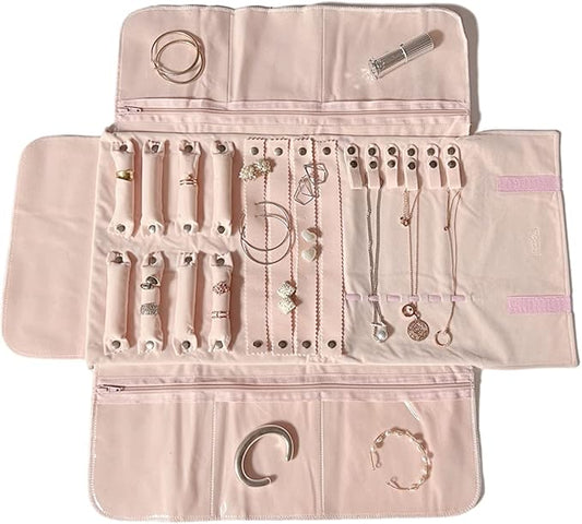 UnionPlus Velvet Travel Jewelry Case Roll Bag Organizer for Necklace Bracelet Earrings Ring, 6 PVC Pockets, Pink Upgrade Version