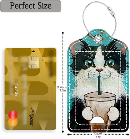 Funny PU Leather Luggage Tags 2-Pack Cat Drinking Coffee Cute Pattern Suitable for Suitcase Stainless Steel Loop and Address Card Essential for Cruise and Airport Travel for Men and Women