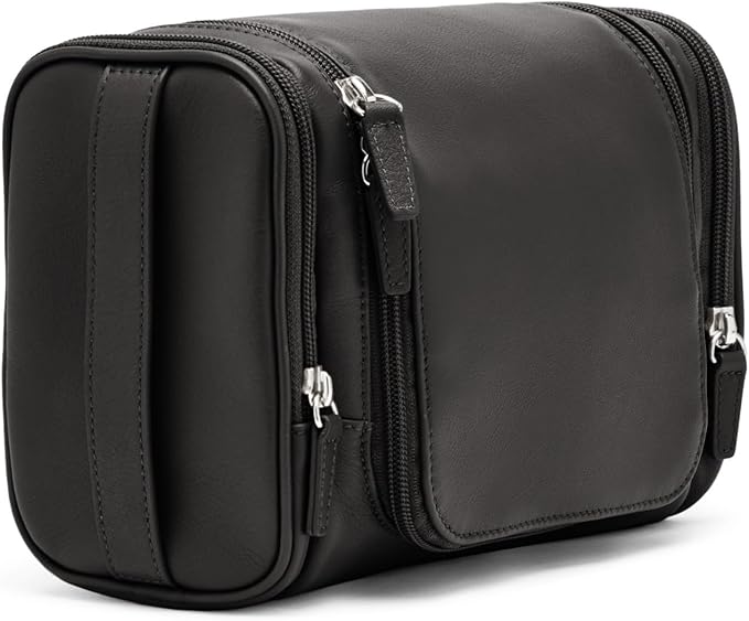 Leatherology Black Onyx Small Hanging Toiletry Kit – Compact Leather Travel Organizer with Interior Zip Pockets, Mesh Pouches & Hanger | Full-Grain Leather Toiletry Bag for Men & Women