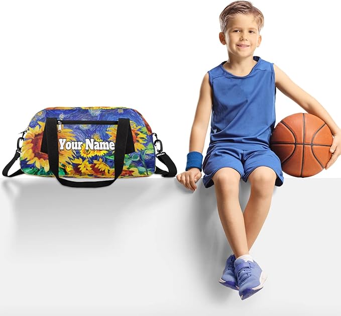 Custom Your Name Oil Painting Sunflower Personalized Text Gym Duffle Bag for Kids,Sports Bag for Teens Boys & Girls Small Waterproof Overnight Weekender Carry School Practice Travel Bag