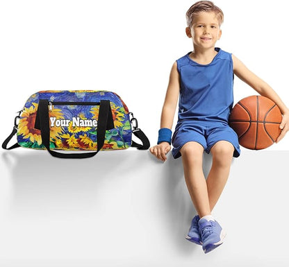Custom Your Name Oil Painting Sunflower Personalized Text Gym Duffle Bag for Kids,Sports Bag for Teens Boys & Girls Small Waterproof Overnight Weekender Carry School Practice Travel Bag