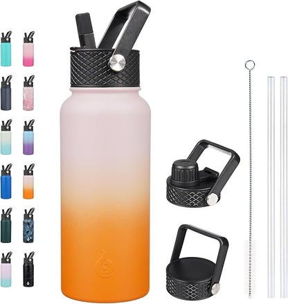 BJPKPK Insulated Water Bottles with Straw Lid, 32oz Metal Large Water Bottle with 3 Lids, Reusable Leak Proof BPA Free Thermo, Stainless Steel Tumblers for Sports, Gym, Travel-Coral