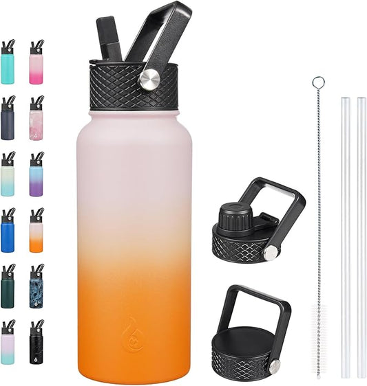 BJPKPK Insulated Water Bottles with Straw Lid, 32oz Metal Large Water Bottle with 3 Lids, Reusable Leak Proof BPA Free Thermo, Stainless Steel Tumblers for Sports, Gym, Travel-Coral