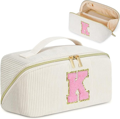 Personalized Initial Makeup Bag,Christmas Gifts for Girl,Preppy Bag Cosmetic Travel Bag Women,Travel Toiletry Organizer,Large Capacity Corduroy Stuff Bag,Cute Cosmetic Pouch Skincare Bag-K
