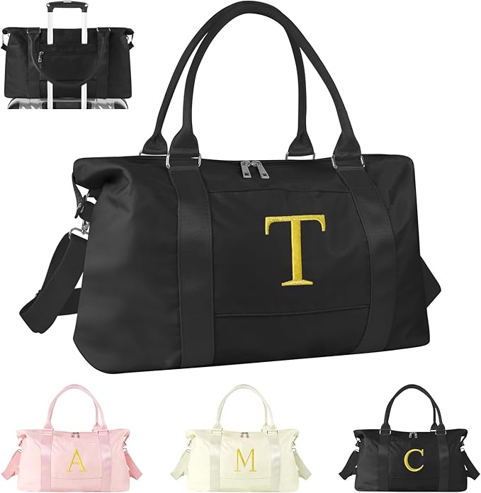 Personalized Initial Gym Dance Bag, Travel Duffel Bag for Teen Girls, Carry On Bag Overnight Weekender Bag with Trolley Sleeve, Birthday Gifts for Women Mom Daughter Graduation Gift(Letter T, Black)