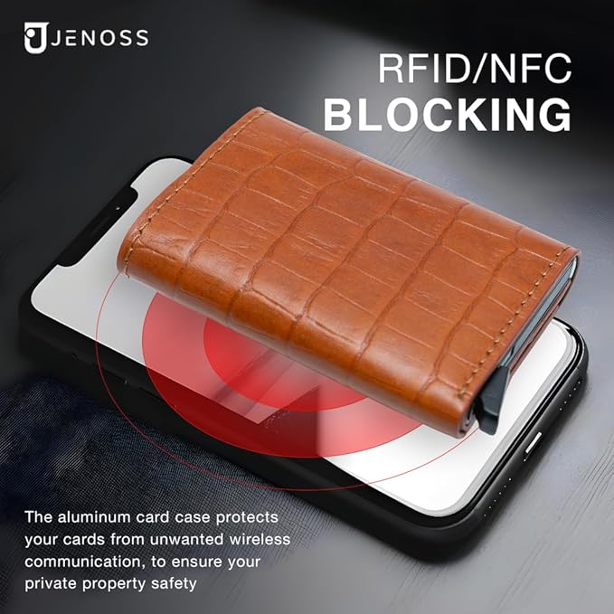 Jenoss Smart Wallet For Men: Full Grain Leather, Handcrafted, Slide Metal Pop Up Case, Slim RFID Blocking Credit Card Holder, Minimalist, Compact - 6-8 Cards Organizers, Front Pocket (Light Brown)