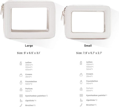 Aveniee Clear Makeup Bag Organizer Set,Portable Travel Toiletry Case for Women, Vegan Leather Cosmetic Pouch Car Bag for Essentials 2pcs,Middle & Large,Beige
