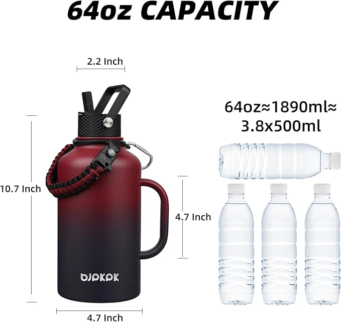 BJPKPK Half Gallon Insulated Water Bottles with Straw Lid & Side Handle, 50oz, 64oz, 87oz, 128oz Large, Stainless Steel Water Bottles with 3 Lids and Paracord Strap, Metal Water Jug,Charming Red
