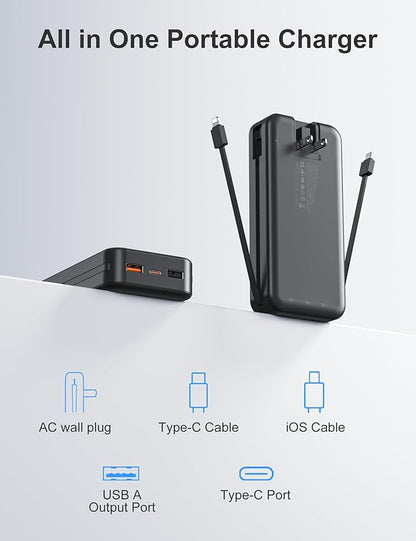 20000mAh Ultra-Portable-Charger-Power-Bank PD20W with Built in Cables&AC Wall Plug,Fast Charging Cell Phone Charger Battery Pack,LED Display Travel Battery Bank for All iPhone,Samsung,Android