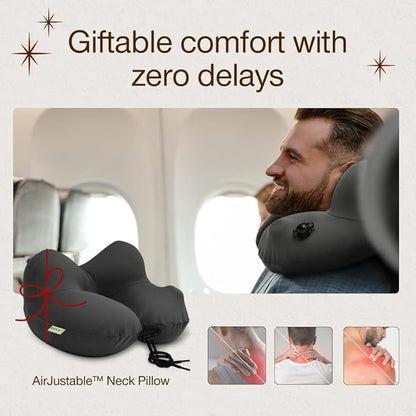 Coop Home Goods AirJustable Travel Neck Pillow, Inflatable, Adjustable Support for Neck & Chin, Compact Travel Pillow, Soft Memory Foam Comfort, Airplane Travel Essentials, Cooling & Washable Cover