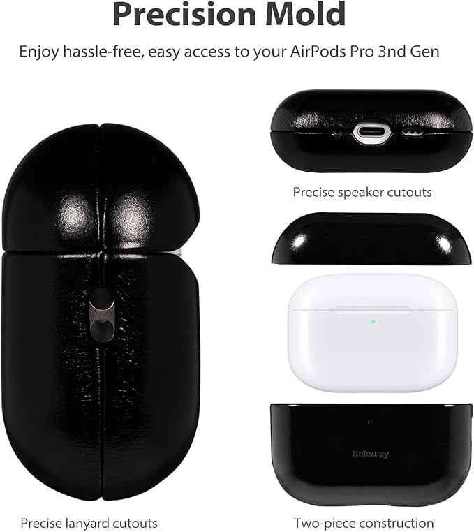 Belemay Handcrafted Oil-Waxed Leather Case for AirPods Pro 3rd Gen (2025), Genuine Cowhide, Smooth Glossy Lively Two-Tone Patina, Compatible with MagSafe, Compatible with Airpods Pro 3, Obsidian Black