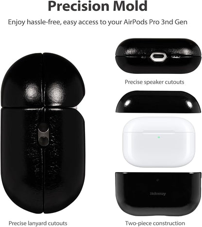Belemay Handcrafted Oil-Waxed Leather Case for AirPods Pro 3rd Gen (2025), Genuine Cowhide, Smooth Glossy Lively Two-Tone Patina, Compatible with MagSafe, Compatible with Airpods Pro 3, Obsidian Black