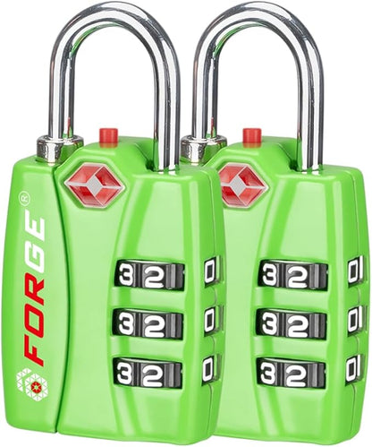 Forge TSA Luggage Combination Lock - Open Alert Indicator, Easy Read Dials, Alloy Body- Ideal for Travel, Lockers, Bags (Green 2Pk)