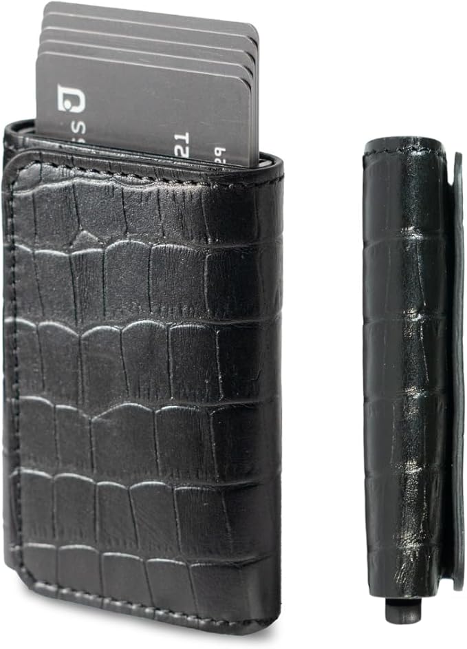 Jenoss Smart Wallet For Men: Full Grain Leather, Handcrafted, Slide Metal Pop Up Case, Slim RFID Blocking Credit Card Holder, Minimalist Compact, 6-8 Cards Organizers, Front Pocket, Money Clip (Black)