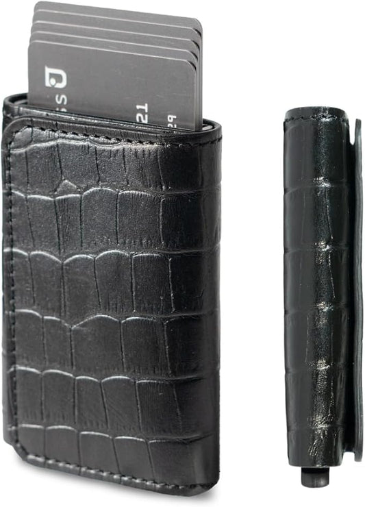 Jenoss Smart Wallet For Men: Full Grain Leather, Handcrafted, Slide Metal Pop Up Case, Slim RFID Blocking Credit Card Holder, Minimalist Compact, 6-8 Cards Organizers, Front Pocket, Money Clip (Black)