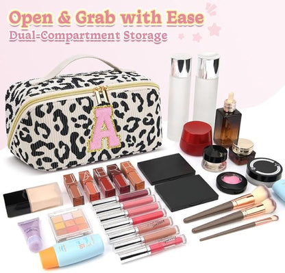 Personalized Travel Makeup Bag Set,Initial Travel Cute Leopard Makeup Organizer Bag,Toiletry Skincare Cosmetic Bag,Christmas Gifts for Women/Girls,Open Flat Toiletry Pouch with Brush Pocket-G