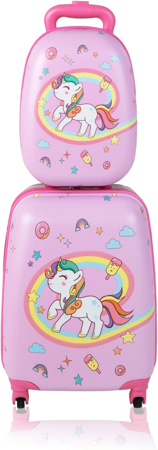 Goplus 2PC Kids Luggage, 12" & 16" Kids Carry On Luggage Set with 4 Spinner Wheels, Lightweight Rolling Spinner Suitcase for Children Toddlers Boys and Girls Travel