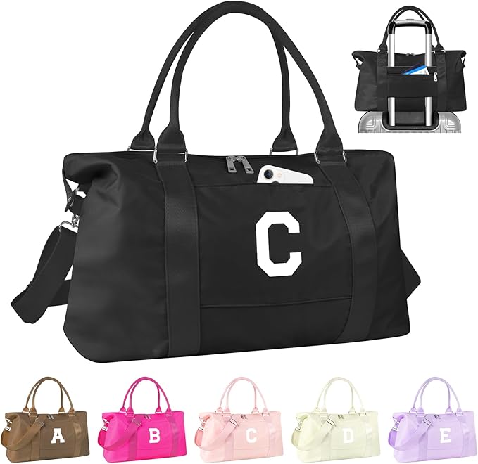 Initial Travel Duffel Bag Sports Gym Bag for Boys Teen Birthday Gifts,Black Personalized Weekender Bag Carry On Tote Bags for Men,Waterproof Overnight Luggage Bag Airplane Travel Essentials(Letter C)