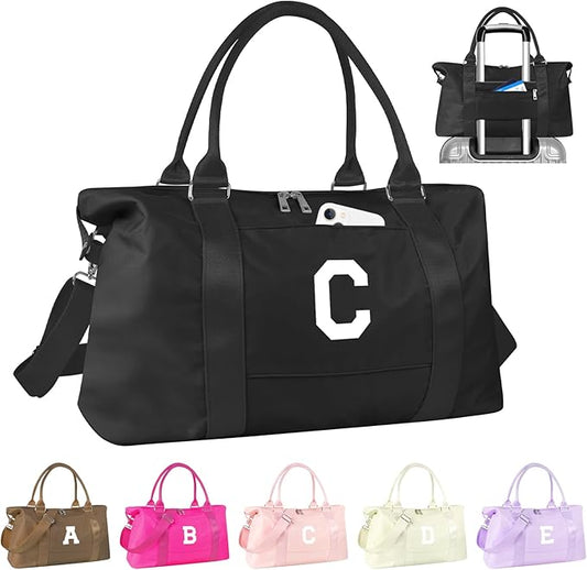 Initial Travel Duffel Bag Sports Gym Bag for Boys Teen Birthday Gifts,Black Personalized Weekender Bag Carry On Tote Bags for Men,Waterproof Overnight Luggage Bag Airplane Travel Essentials(Letter C)