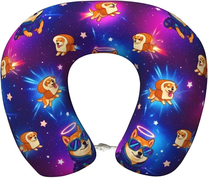 Breathable Neck Pillow for Sleeping Rest Nap Purple Galaxy Space Shiba Inu Doge, Airplanes/Car/Home Memory Foam Travel Cushion with Polyester Cover Washable for Women Men