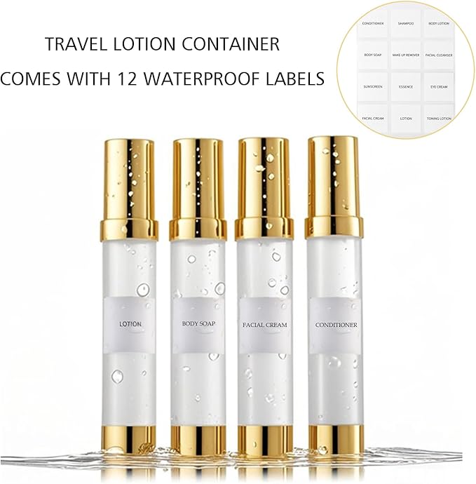 1oz travel bottles 30ml, 4 pcs,Golds clear travel bottles,Airless pump bottles,DIY travel bottle set cosmetic containers Included， Gift Box，With labels,refillable cosmetic containers