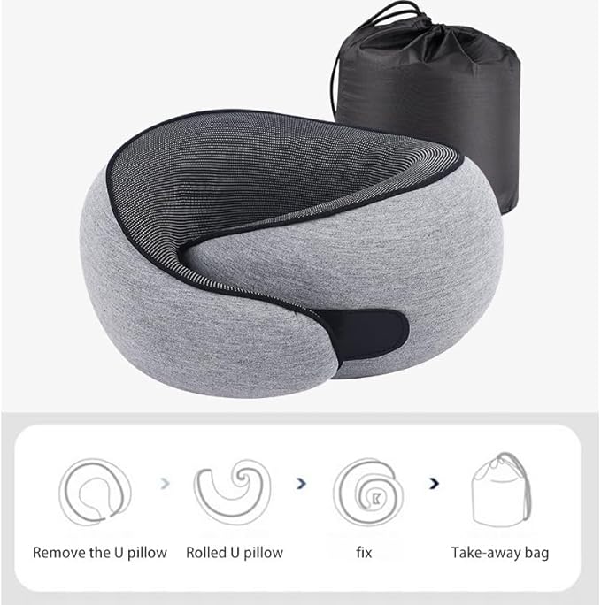 Neck Travel Pillow,360° Memory Foam Neck Pillow,Portable and Storable Pillows, Comfortable Breathable Ergonomic Design for Travel, Car Rides, Home and Offices Use (Grey)