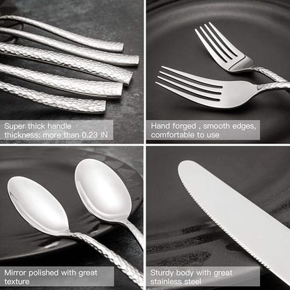 Hand Forged Stainless Steel Flatware Set Silverware Set Cutlery Set Hammered Pattern 5 Pieces Service for 1