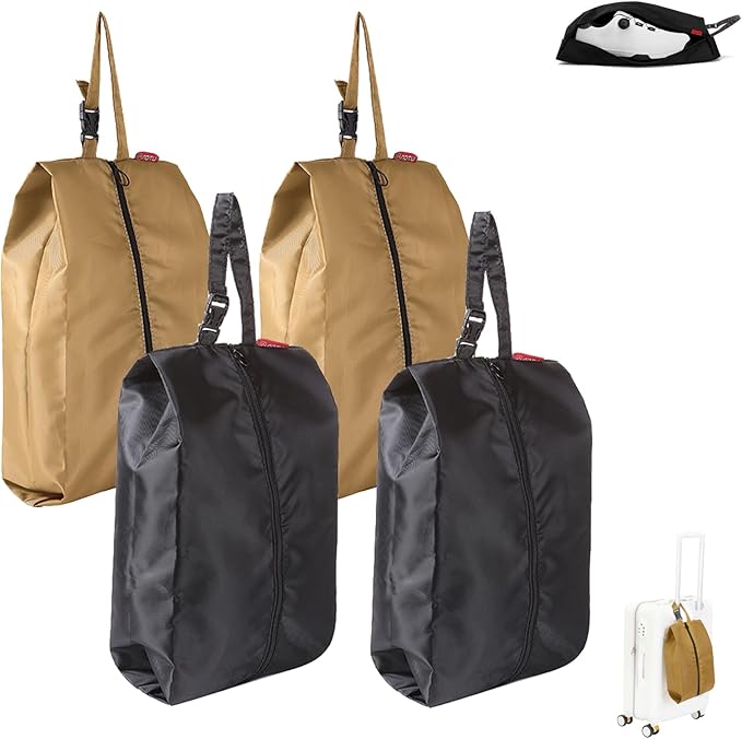 4Pack Travel Shoe Bags for Packing in Suitcase - Cleat Bags for Sports Smell Proof with Snap and Zipper, Waterproof Dustproof Shoe Pouch for Golf Soccer Gym Sports Travel (Black+Khaki)