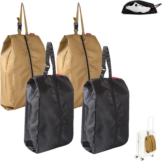 4Pack Travel Shoe Bags for Packing in Suitcase - Cleat Bags for Sports Smell Proof with Snap and Zipper, Waterproof Dustproof Shoe Pouch for Golf Soccer Gym Sports Travel (Black+Khaki)