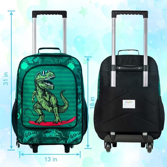 Kids Suitcase for Boys, Cute Dinosaur Rolling Luggage Wheels for Children Toddler (Green)